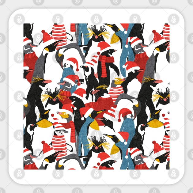 Merry penguins // pattern // black white grey dark teal yellow and coral type species of penguins red dressed for winter and Christmas season (King, African, Emperor, Gentoo, Galápagos, Macaroni, Adèlie, Rockhopper, Yellow-eyed, Chinstrap) Sticker by SelmaCardoso